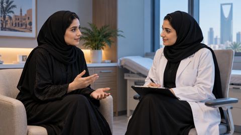 امرأة سعودية تشرح روتينها اليومي لطبيبة في غرفة استشارة هادئة