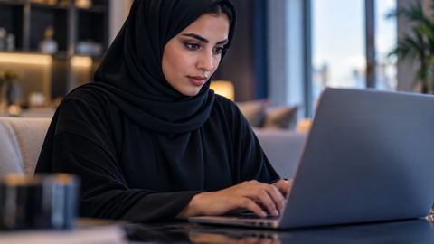 امرأة سعودية تكتب سؤالاً عن طريقة عمل شيء في خانة البحث على لابتوبها
