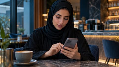 امرأة سعودية تكتب عبارة بحث على جوالها في مقهى