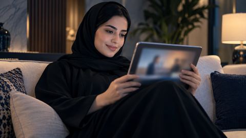 امرأة سعودية على الكنب تشاهد فيديو تعليمياً على جهازها اللوحي