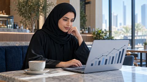 امرأة سعودية في مقهى هادئ تقرأ جدول مقارنة على موقع من لابتوبها