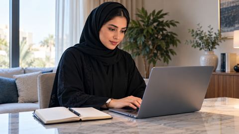 كاتبة سعودية تكتب مقالاً على لابتوبها في مكتب منزلي مضيء