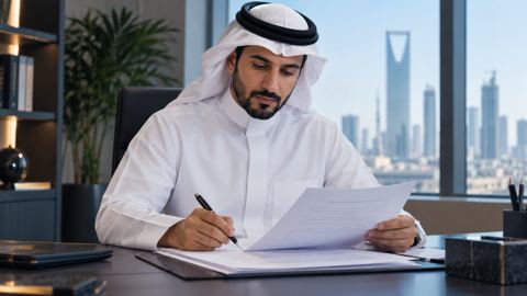 كاتب سعودي يراجع مسودة مطبوعة بالقلم على مكتب نظيف