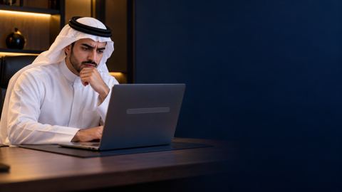 صاحب عمل سعودي شاب بثوب أبيض محتار أمام خانة بحث فارغة على اللابتوب
