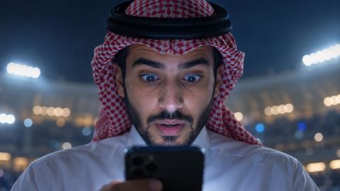 وجه شاب سعودي مندهش يضيئه الجوال وأضواء الملعب خلفه