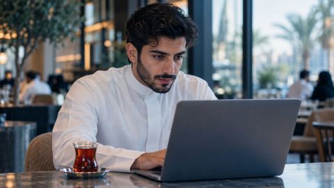شاب سعودي في مقهى يتفحص شاشة لابتوبه وبجانبه كوب شاي