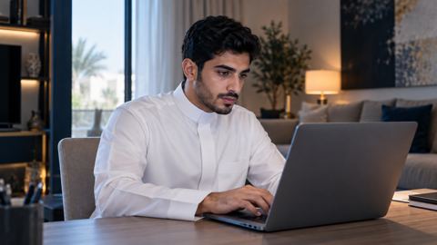 شاب سعودي بالثوب ينظر باهتمام إلى اللابتوب في مكتب البيت