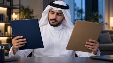 شاب سعودي يقارن بين ملفين على مكتبه في البيت