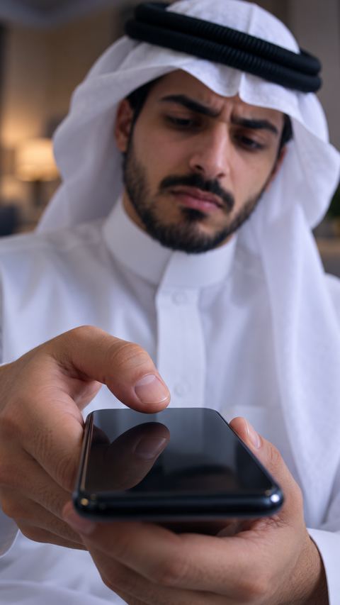 إبهام شاب سعودي فوق شاشة جواله على وشك أن يغادر الصفحة
