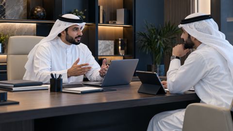 رائد أعمال سعودي يناقش مشروع تطبيق جوال مع ممثل شركة عبر المكتب