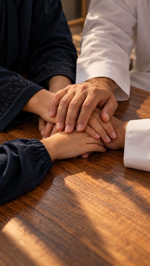 أيادٍ بأكمام طويلة مجتمعة على طاولة خشبية في ضوء دافئ