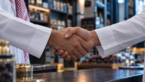 يد صاحب محل تصافح زبوناً عبر الطاولة في محل سعودي صغير
