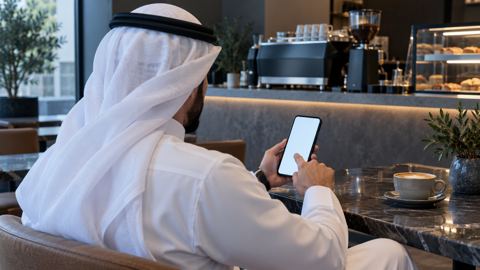 شخص يتصفح متجراً على جواله ويضغط للدفع على طاولة مقهى، من فوق كتفه