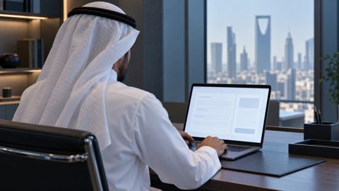 رائد أعمال سعودي يكمل نموذج تسجيل أعمال رسمي على اللابتوب، من فوق كتفه