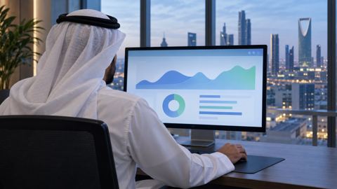 مختص مواقع في مكتب سعودي يتحقق من أرشفة الموقع على الشاشة، من فوق كتفه