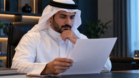 متعلم سعودي يراجع مفردات مقرر دراسي على مكتبه