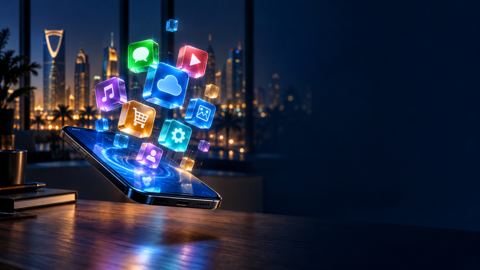 جوال يطفو فوق مكتب وترتفع من شاشته مكعبات تطبيقات مضيئة