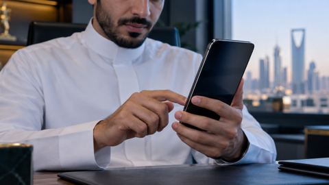 مستخدم سعودي يجرب نموذج تطبيق على جوال فوق مكتب