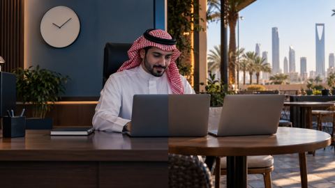 مكتب، ساعة، لابتوب، مقهى