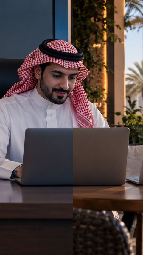 مكتب، ساعة، لابتوب، مقهى