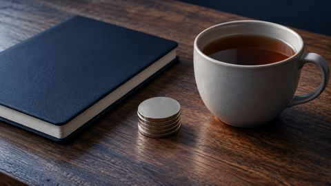 كومة عملات صغيرة بجانب دفتر وكوب شاي على مكتب منزلي