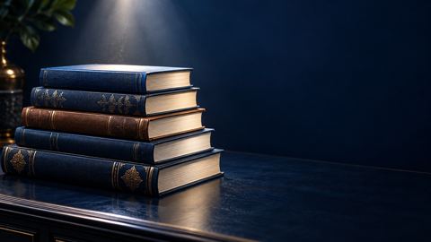 كومة كتب مجلدة تضيء تحت شعاع ناعم على مكتب كحلي