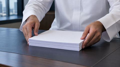يدان ترتبان كومة أوراق على المكتب