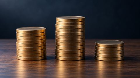 ثلاث كومات عملات بارتفاعات مختلفة على مكتب