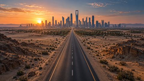 طريق مستقيم بلا تحويلات يقود إلى مدينة وقت الشروق، من الأعلى