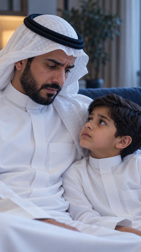 أب سعودي قلق جالس بجانب طفله الصغير في صالة هادئة