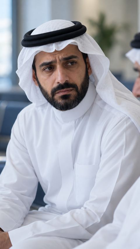 رجل سعودي قلق بجانب شخص عزيز في غرفة انتظار عيادة هادئة
