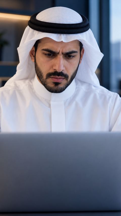 رائد أعمال سعودي محتار يحدّق في اللابتوب