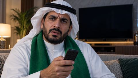 مشجع سعودي محتار يمسك الريموت أمام تلفزيون مطفأ