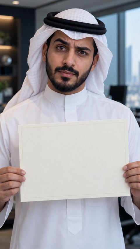 متقدم سعودي يمسك شهادة أكاديمية بنظرة متسائلة