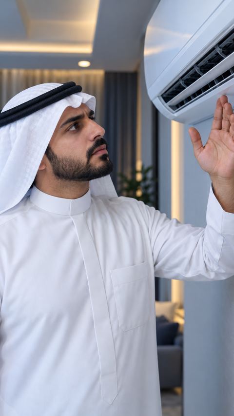 مشرف مبانٍ سعودي يفحص تركيب تكييف نظيفاً بتأمل