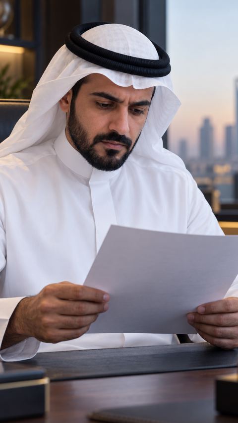 رجل أعمال سعودي يدرس عرض سعر إنشاء على مكتبه بتأمل