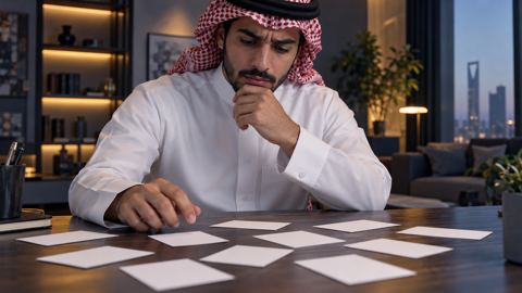 صانع محتوى سعودي متردد أمام بطاقات تخطيط متناثرة