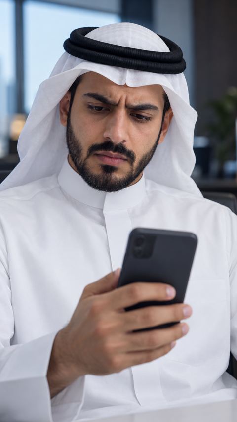 رائد أعمال سعودي يتأمل جواله بحيرة