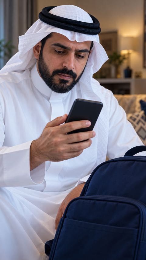 أب سعودي يمسك جواله بجانب حقيبة طفله المدرسية وينظر للشاشة بتمعّن
