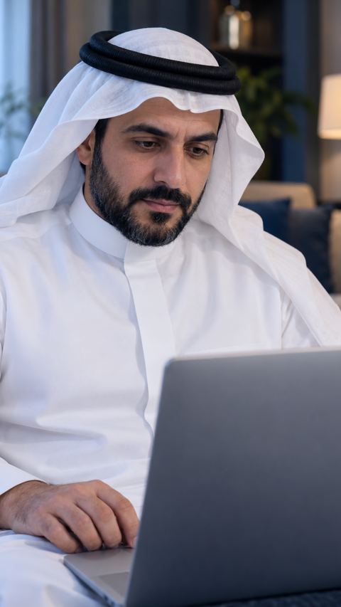 أب سعودي يتأمل لابتوبه ويده بجانب لوحة اللمس