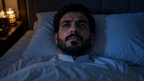 رجل سعودي مستيقظ في سريره ليلاً بنظرة متوترة