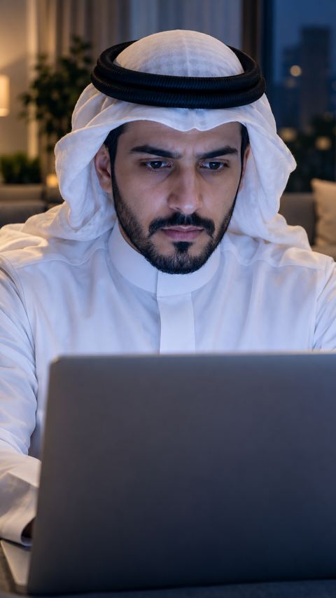 رجل سعودي يركز على شاشة لابتوبه في البيت