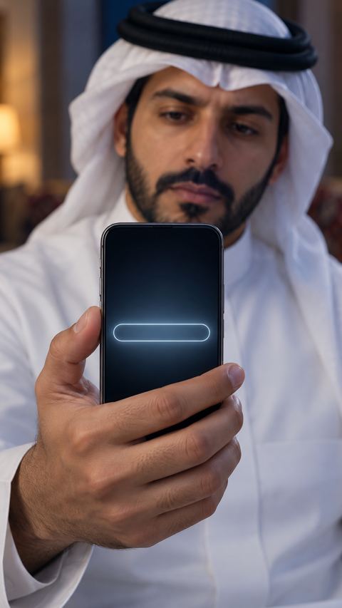 يد رجل سعودي تمسك جوالاً تضيء فيه خانة البحث ووجهه المتأمل خلفه