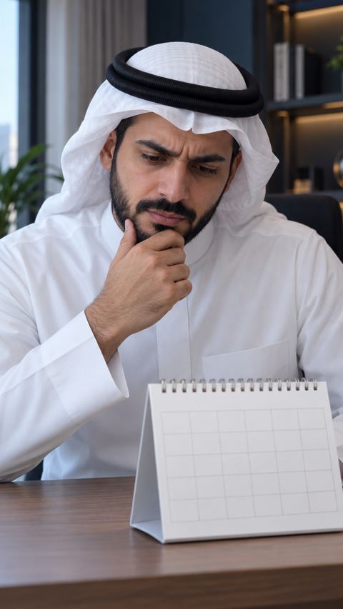 رجل سعودي محتار أمام تقويم مكتبي