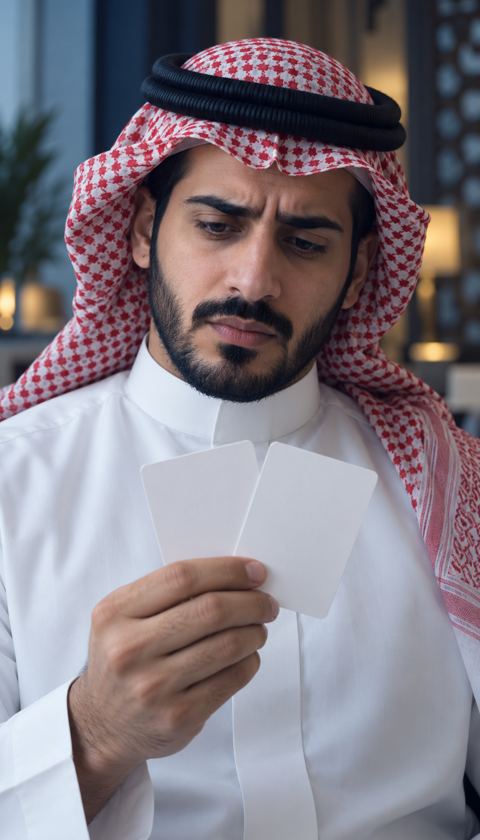 رجل سعودي متردد أمام بطاقتي موعد في يده