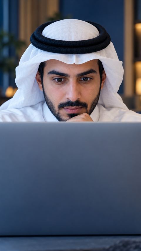 رجل سعودي يطل بفضول من فوق حافة لابتوبه