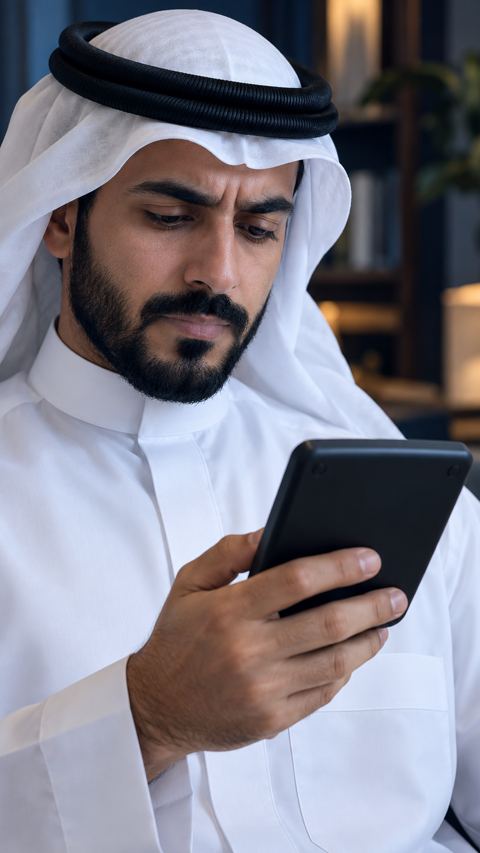 رجل سعودي يتأمل آلة حاسبة في يده