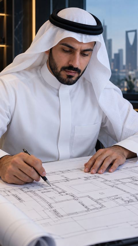 رجل سعودي يتأمل مخططاً معمارياً على مكتبه