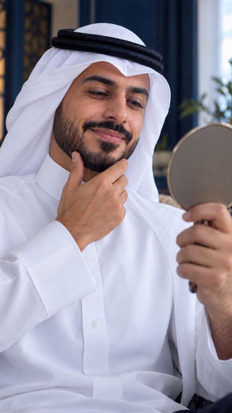 رجل سعودي يتأمل ابتسامته في مرآة صغيرة
