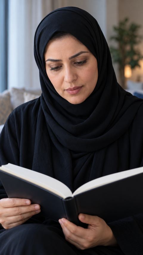 أم سعودية تتأمل مفكرة مواعيد